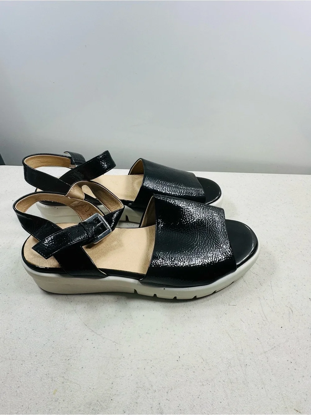 Comfort Wide-Band Black Leather Slingback Sandals 41-10